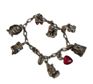 Pewter Wizard Of OZ Charm Bracelet Slippers Lion Tin Man Scarecrow 7" Vintage  - Picture 1 of 7