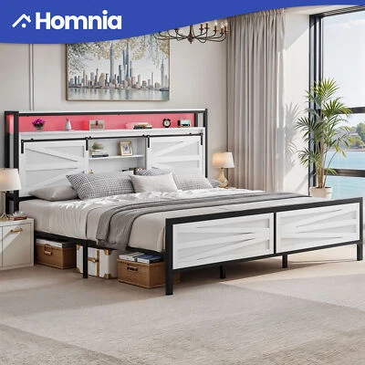 Marco de cama king size con luces LED cabecero estantes de almacenamiento estación de carga Foto 1 de 4