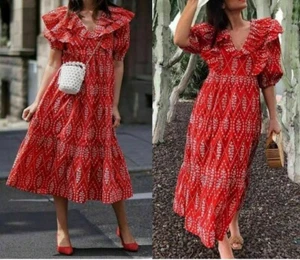 Zara Red Puff Sleeve Eyelet Embroidered Midi Ruffle Frill Dress Women’s Sz M - Picture 1 of 8