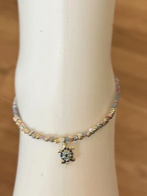 Evil Eye Turtle Gold Plated Anklet Handmade With Gold Balls & Colorful Crystals - Image 1 of 2