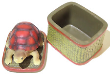 Vintage Trinket Box 3D Turtle Lid Basket Weave Pattern Resin 4 1/4" Tall
