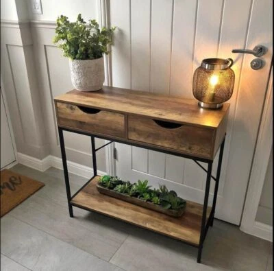 2 Drawer Console Table Black Metal Frame & Wooden Drawers and Shelf Furniture - Image 1 of 2