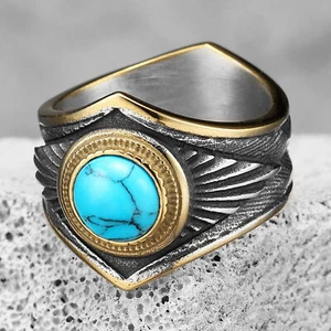 Gemme Lusso Uomo Anelli Acciaio Inox Turchese Anello Retro Classico Ring - Foto 1 di 10