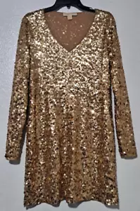 Michael Kors Gold Sequin Shift Dress Long Sleeve Cotton Size Medium - Picture 1 of 8