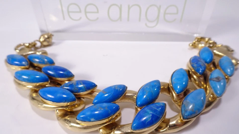 Lee Angel Women's Turquoise Natural Jem Stone Brass Link Bracelet NWT 300 Foto 1 de 1