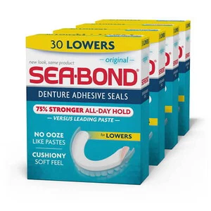 Sea Bond Lower Secure Denture Adhesive Seals, For an All Day, 30 Count, 4 Pack - Picture 1 of 7