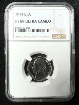 1974 S JEFFERSON NICKEL 5C PF69 ULTRA CAMEO NGC; PR69 DCAM; NONE FINER SKU 3291 - Image 1 of 2