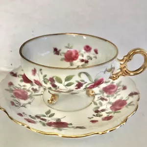 Vintage weiß mit rosa Blumen Teetasse & Untertasse Tasse hat 3 Füße & Goldrand - Bild 1 von 6