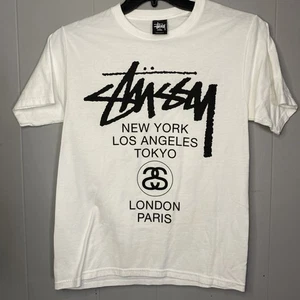 Stussy World Tour Tee Steel White Black Skate Beach Grunge Mens Size Small S - Picture 1 of 5