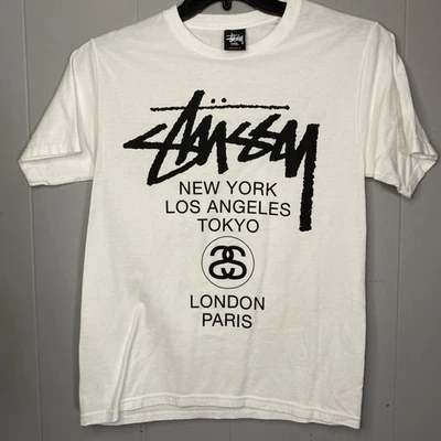 Stussy World Tour Tee Steel White Black Skate Beach Grunge Mens Size Small S - Image 1 of 4