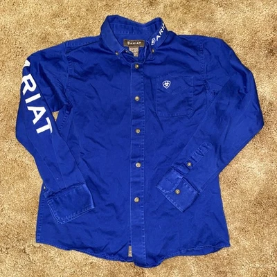 Ariat Boys Team Logo Twill Classic Long Sleeve Shirt Blue/White SzM (10-12) - Image 1 of 4