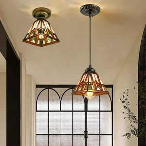 Crafts Tiffany Colorful Glass Geometric Shade Pendant Light Mission Ceiling Lamp - Picture 1 of 8