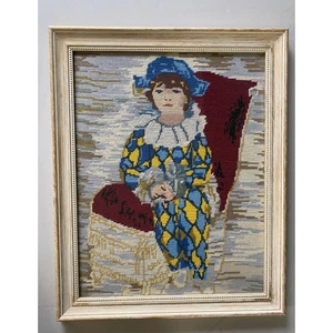 Needlepoint Artwrok Picassos Son Paul Harlequin Costume Gold Professional Frame - Picture 1 of 13
