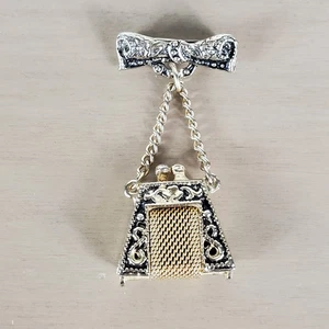 Spilla pendente portamonete mini rete anni '50 spilla ottone vintage oro Chatelaine - Foto 1 di 12