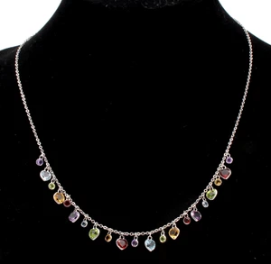 14k White Gold Multicolor Gemstone Dangle Drop Station Charm Necklace HE-15 - Picture 1 of 7