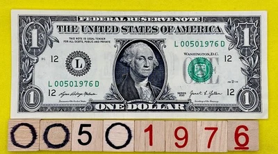 1976 Year Note Wild 0s L 00501976 D Fancy Serial Number One Dollar Bill 2021 FW - Image 1 of 4