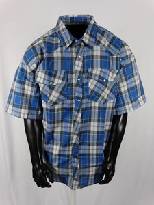 Men Plaid Western Pockets Short Sleeve Shirt Blue Gray Snap Up 3X, 4X - Picture 1 of 4