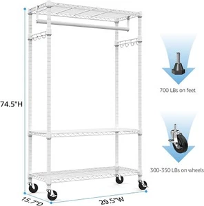 Heavy Duty Garment Rack Storage Closet Rolling Clothing Racks Wheels 16"*30"*75" - Picture 1 of 29