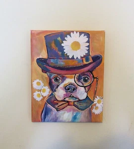 Original Dapper French Bull Dog, Colorful Bight Pop Acrylic Paint Art 5" x 7" - Picture 1 of 4