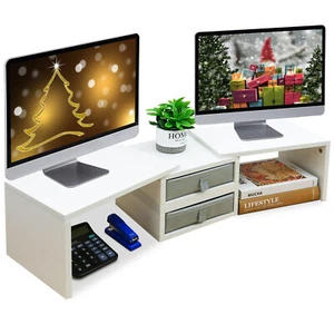 Wood Dual Monitor Stand Riser with 2 Drawers - White Length and Angle Adjustable - Picture 1 of 6