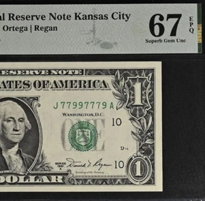 1981A $1 Federal Reserve Note PMG 67EPQ- 2nd Finest Fancy Serial Number 77997779 - Picture 1 of 4