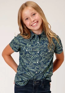 Roper Kids Girls Lucky Tropical Print Green 100% Cotton S/S Shirt - Picture 1 of 4