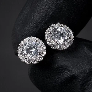 2CTW Round Cut Certified Moissanite Men's Stud Earrings In 14K White Gold Plated - Picture 1 of 11