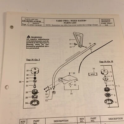 1988 Weed Eater Model Yard Pro 115 Line Trimmer Parts List 530-067091 4/18/88 - Image 1 of 4
