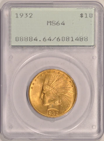1932 $10 Gold Indian Eagle Coin PCGS MS64 Rattler Pre-1933 Gold Cover