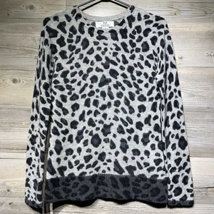 Magaschoni 100% Cashmere Sweater Size Small Gray Snow Leopard Print Lightweight - Picture 1 of 7