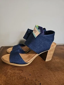 Toms Majorca Cutout Womens Sandal Sz 9.5 Dark Navy Denim Block Heel Side Zip - Picture 1 of 15
