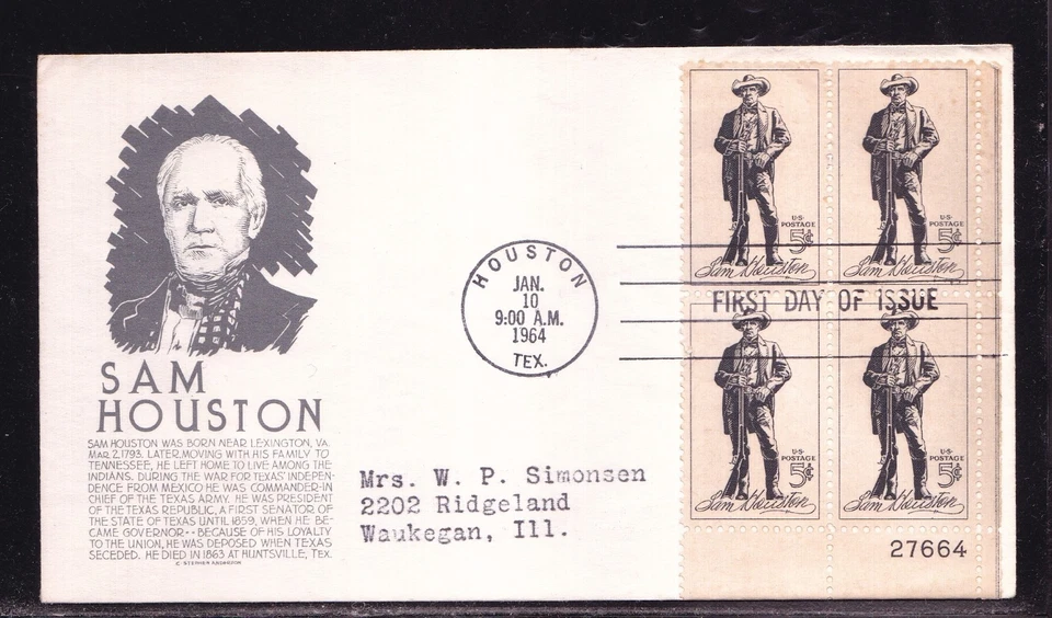 SCOTT 1242 SAM HOUSTON TEXAS C.S. ANDERSON PLATE BLOCK FIRST DAY COVER FDC - Image 1 of 1