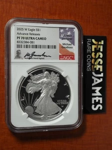 2025 W PROOF SILVER EAGLE NGC PF70 MICHAEL GAUDIOSO SIGNED ADVANCE RELEASES - Picture 1 of 2