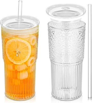 Vasos de vidrio con tapas y pajitas de vidrio, vaso de vidrio de borosilicato alto de 18,6 OZ Foto 1 de 4