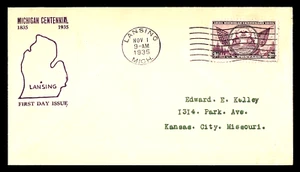 775 3c Stamp (1935) MICHIGAN CENTENARY FDC BY MARTIN CROWL - PLANTY 775 - 28 - Picture 1 of 2