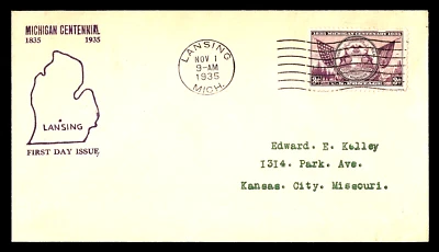 775 3c Stamp (1935) MICHIGAN CENTENARY FDC BY MARTIN CROWL - PLANTY 775 - 28 - Image 1 of 2