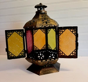 Moroccan Metal Lantern Candle Holder Multicolored Glass Panels 13"H - Picture 1 of 24