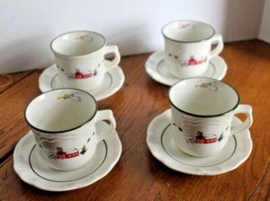 Pfaltzgraff Snow Village Snowman Coffee Tea Cups and Saucers Barn - Picture 1 of 9