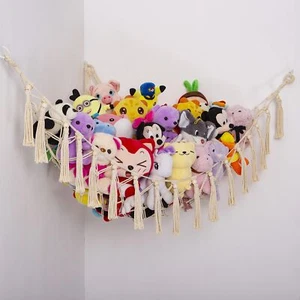 Stuffed Animals Hammock Corner Hanging Net with Wooden Beads Macrame Stuffed ... - Picture 1 of 8