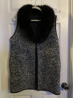 Talbots M Largo Negro Blanco Mezcla de Lana Suéter Chaleco Túnica Piel Sintética Borde de Cuero Foto 1 de 4