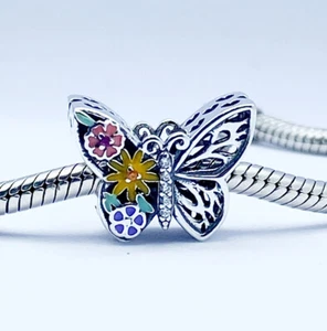 Butterfly & Flowers Charm Bead Genuine 925 Sterling Silver Cubic Zirconia 💖 - Picture 1 of 12