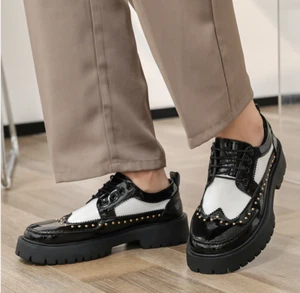 Herren Nieten Runde Spitze Schnürung Flügelspitze Plateau Elegant Formell Hochzeit Schuhe Neu - Bild 1 von 9