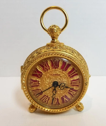 Vintage Schmid Du Chateau Clock  7 Jewel 8 Days Wind Up w Alarm  Gold Tone & Red Cover