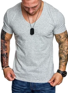 Herren Muskel T-Shirt Kurzarm V-Ausschnitt Sommer Activewear Gym Tees Grau 2XL - Bild 1 von 5