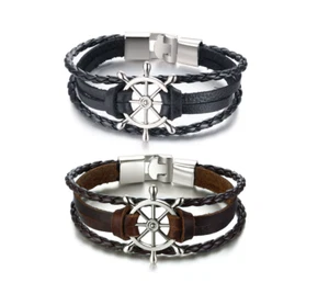 Vnox Vintage Rudder Charm Bracelet Men Multi-layer Leather Rope Bracelets BROWN - Picture 1 of 1