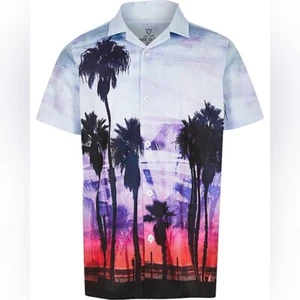 River Island Boys Blue Palm Print Mesh Button Down Shirt - Picture 1 of 3
