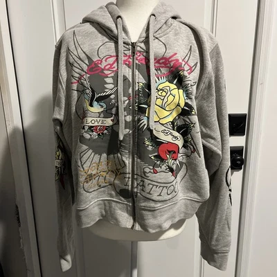 Sudadera con Capucha Ed Hardy Brave Hearts Stay True Talla 2XL Gris Cremallera Completa Foto 1 de 4