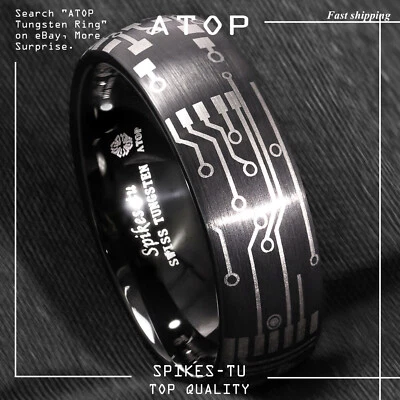 Dome Brushed Black Tungsten Carbide Ring Laser Circuit Board ATOP Men Jewelry - Image 1 of 4