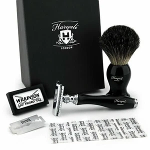 Double Edge Safety Razor & Pure Black Badger Brush Combo Shaving Set Classic Kit - Picture 1 of 5