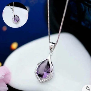 Necklace Pendant Chain Elegant Silver Women's Amethyst Crystal Jewellery - Picture 1 of 12
